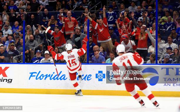 Jakub Vrana of the Detroit Red Wings celebrates a goal in the third period during a game against the Tampa Bay Lightning at Amalie Arena on April 19,...