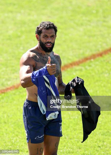 Josh Addo-Carr of the Bulldogs walks onto the field during a Canterbury Bulldogs NRL training session at Belmore Sports Ground on April 20, 2022 in...