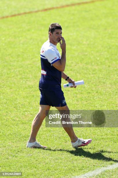 Bulldogs coach Trent Barrett looks on during a Canterbury Bulldogs NRL training session at Belmore Sports Ground on April 20, 2022 in Sydney,...