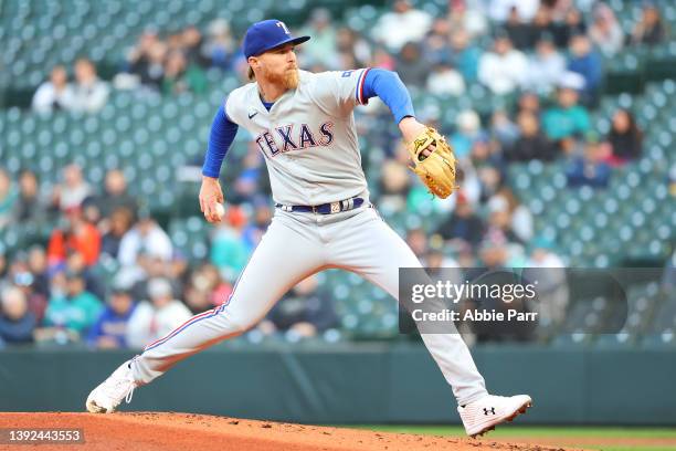 Jon Gray of the Texas Rangers pitches against the Seattle Mariners during the first inning at T-Mobile Park on April 19, 2022 in Seattle, Washington.