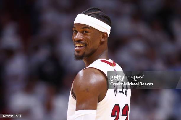 Jimmy Butler of the Miami Heat reacts against the Atlanta Hawks during the second half in Game Two of the Eastern Conference First Round at FTX Arena...