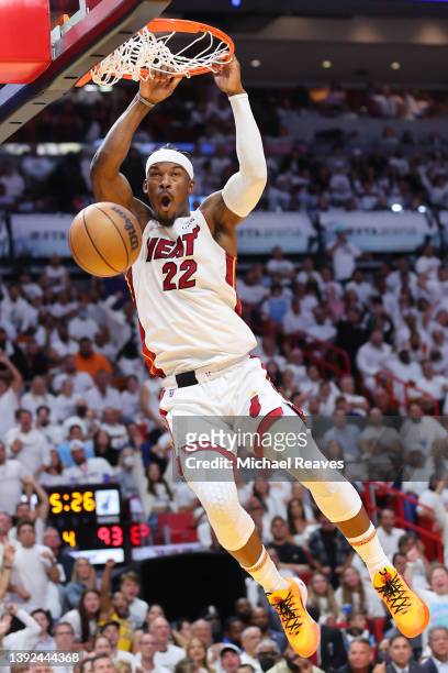 Jimmy Butler of the Miami Heat dunks against the Atlanta Hawks during the second half in Game Two of the Eastern Conference First Round at FTX Arena...