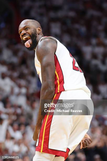 Dewayne Dedmon of the Miami Heat celebrates a basket against the Atlanta Hawks during the second half in Game Two of the Eastern Conference First...