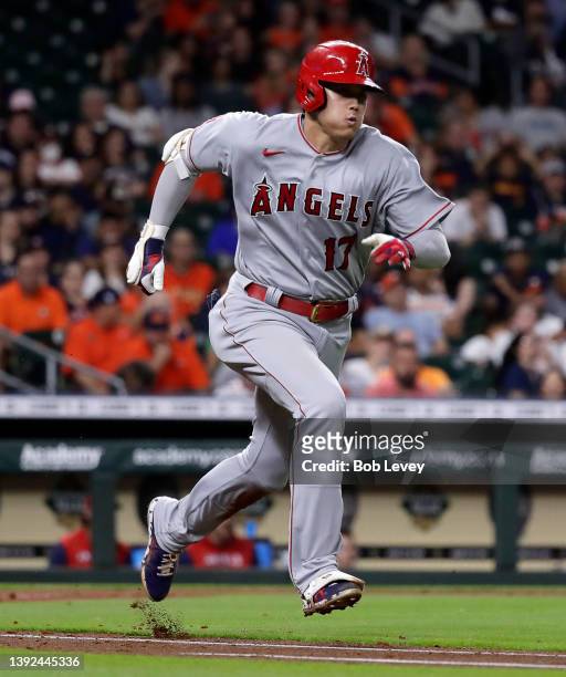 Shohei Ohtani of the Los Angeles Angels grounds out in the fifth inning to Yuli Gurriel of the Houston Astros at Minute Maid Park on April 19, 2022...