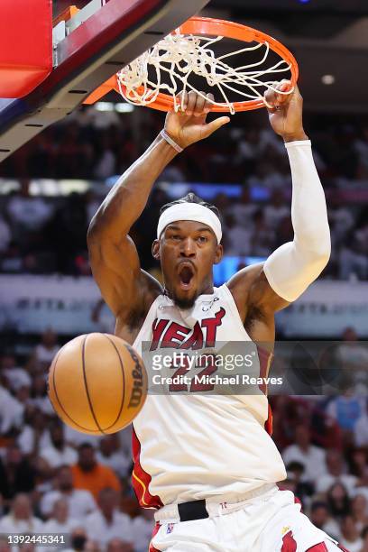 Jimmy Butler of the Miami Heat dunks against the Atlanta Hawks during the second half in Game Two of the Eastern Conference First Round at FTX Arena...