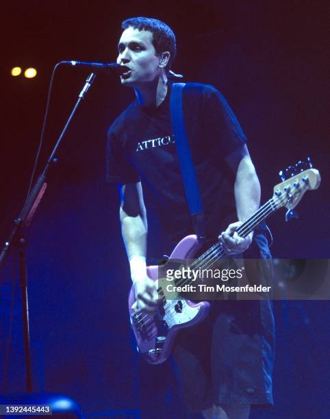 Mark Hoppus of Blink 182 performs at Shoreline Amphitheatre on September 9, 2001 in Mountain View, California.