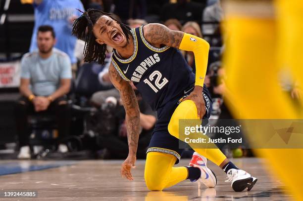 Ja Morant of the Memphis Grizzlies reacts during Game Two of the Western Conference First Round against the Minnesota Timberwolves at FedExForum on...