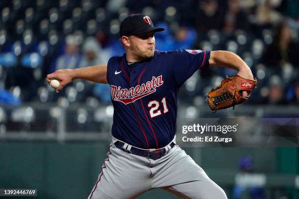 Tyler Duffey of the Minnesota Twins pitches in the sixth inning against the Kansas City Royals at Kauffman Stadium on April 19, 2022 in Kansas City,...