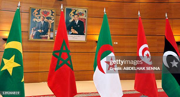 Flags of the five countries making up the Arab Magreb Union Libya, Tunisia, Algeria,Morocco and Mauritania are pictured on February 18, 2012 in Rabat...