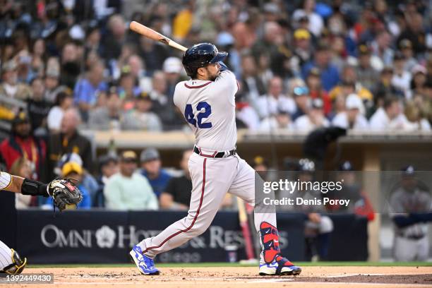 Dansby Swanson of the Atlanta Braves plays during a baseball game against the San Diego Padres on April 15, 2022 at Petco Park in San Diego,...