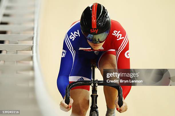 Victoria Pendleton of Great Britain rides in the Women's Sprint during the UCI Track Cycling World Cup - LOCOG Test Event for London 2012 at the...