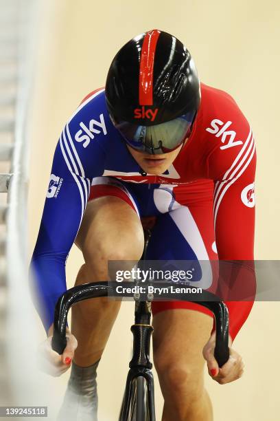 Victoria Pendleton of Great Britain rides in the Women's Sprint during the UCI Track Cycling World Cup - LOCOG Test Event for London 2012 at the...