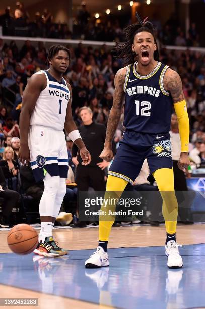 Ja Morant of the Memphis Grizzlies reacts during Game Two of the Western Conference First Round against the Minnesota Timberwolves at FedExForum on...