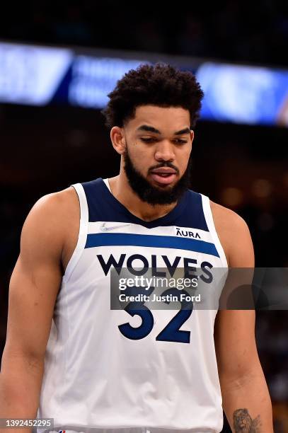 Karl-Anthony Towns of the Minnesota Timberwolves reacts during Game Two of the Western Conference First Round against the Memphis Grizzlies at...