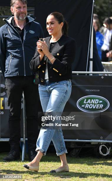 Meghan, Duchess of Sussex attends the Land Rover Driving Challenge during the 2022 Invictus Games at Zuiderpark on April 16, 2022 in The Hague,...