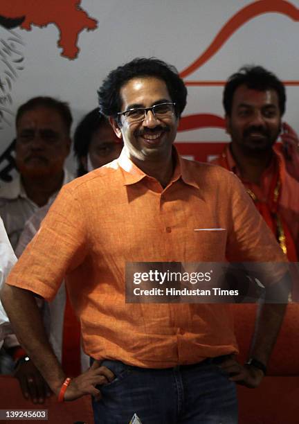 Uddhav Thackeray, Shiv Sena Executive President smiles after his party's victory in the BMC election at Shiv Sena Bhavan on February 17, 2012 in...