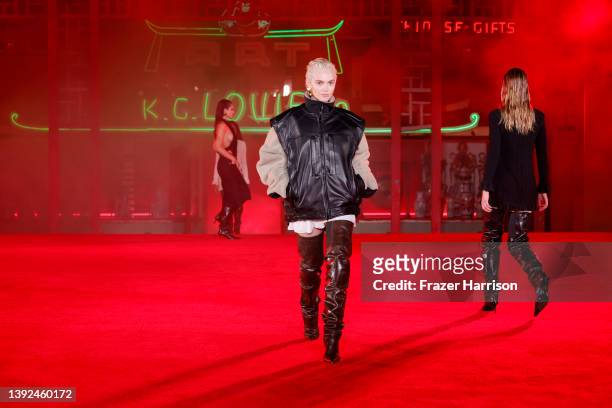 Model walks the runway during the Alexander Wang "Fortune City" Runway Show on April 19, 2022 in Los Angeles, California.