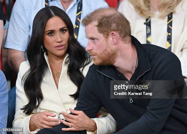 Prince Harry, Duke of Sussex and Meghan, Duchess of Sussex attend the sitting volleyball event during the Invictus Games at Zuiderpark on April 17,...
