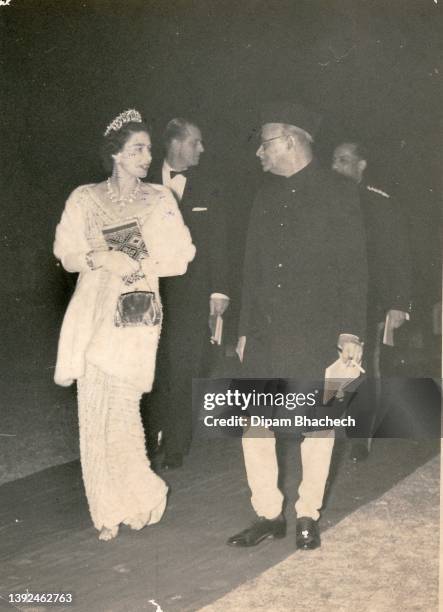 Queen Elizabeth with Mehndi Nawab Jung at Raj Bhavan in Ahmedabad Gujarat India on 31st January 1961.