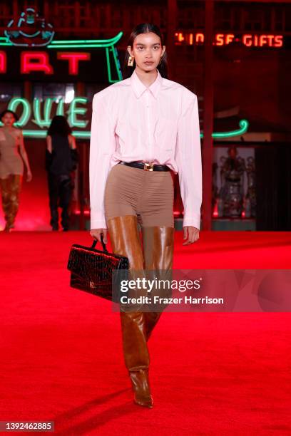 Model walks the runway during the Alexander Wang "Fortune City" Runway Show on April 19, 2022 in Los Angeles, California.