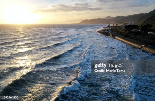 In an aerial view, the Pacific Ocean and coastline are seen on April 19, 2022 in Ventura, California. Sea levels along coastlines in the U.S. Will...