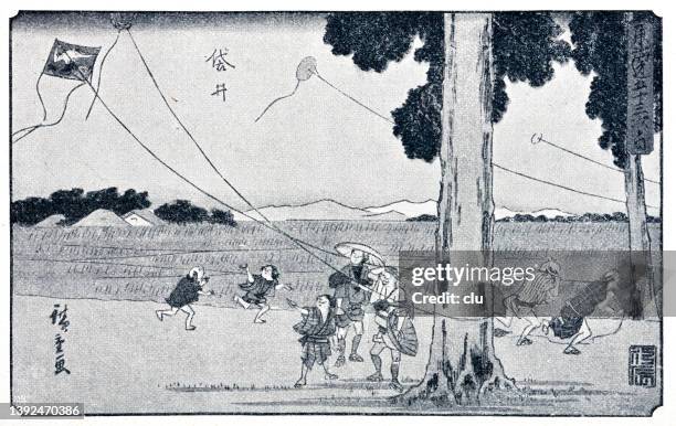 japan, people flying kites - japanese kite stock illustrations