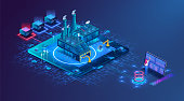 Digital control technology in the manufacturing industry optimization of maintenance facilities. Modern isometric smart factory manufacturing facilities.  Isometric vector illustration, banner.