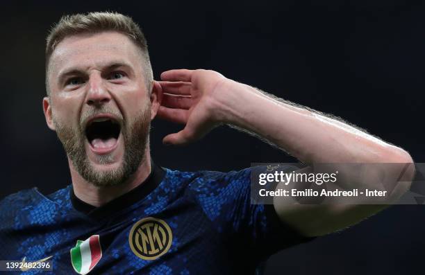 Milan Skriniar of FC Internazionale celebrates victory at the end of the Coppa Italia Semi Final 2nd Leg match between FC Internazionale v AC Milan...