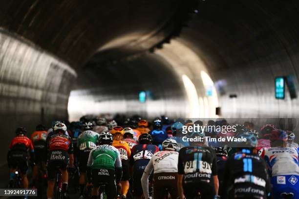 General view of the peloton passing through a tunnel during the 45th Tour of the Alps 2022 - Stage 3 a 154,6km stage from Lana to Villabassa /...