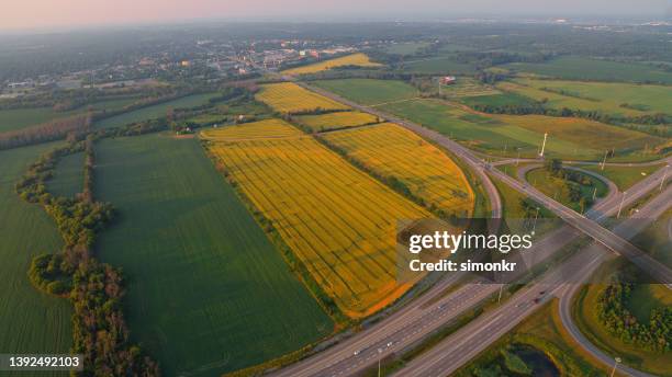 agricultural fields along 417 highway - ottawa landscape stock pictures, royalty-free photos & images