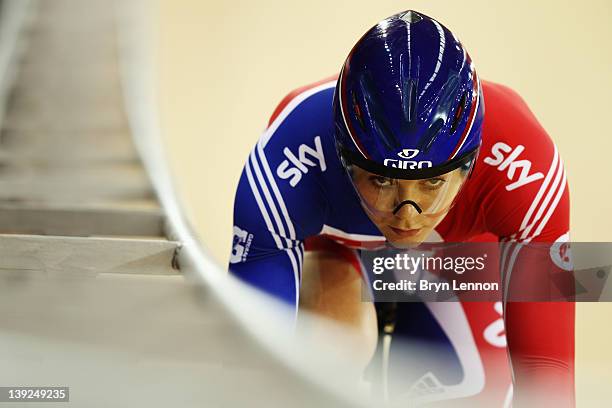 Jess Varnish of Great Britain rides in the Women's Sprint during the UCI Track Cycling World Cup - LOCOG Test Event for London 2012 at the Olympic...