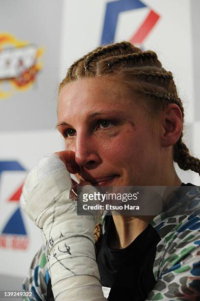 Amanda Lucas, daughter of film director George Lucas and the new DEEP woman's open weight champion looks on during her post match media conference...