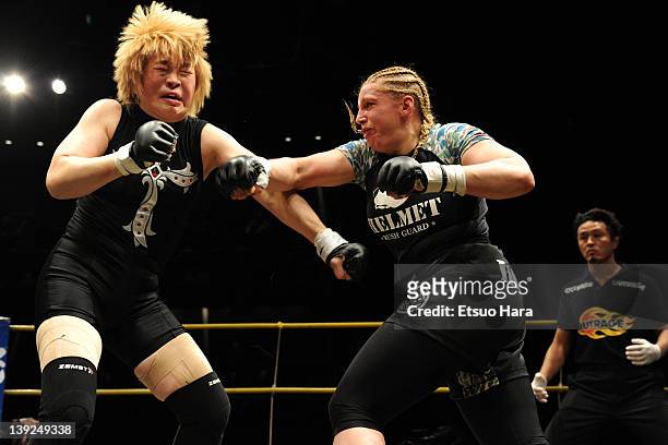 Amanda Lucas , daughter of film director George Lucas, fights against Yumiko Hotta during the DEEP57 at Tokyo Dome City Hall on February 18, 2012 in...