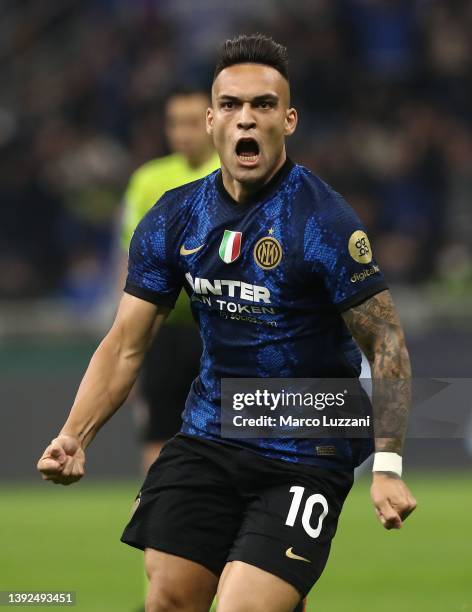 Lautaro Martinez of FC Internazionale celebrates after scoring the opening goal during the Coppa Italia Semi Final 2nd Leg match between FC...