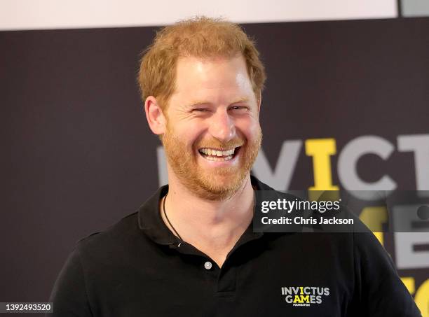 Prince Harry, Duke of Sussex smiles after playing table tennis during day four of the Invictus Games The Hague 2020 at Zuiderpark on April 19, 2022...