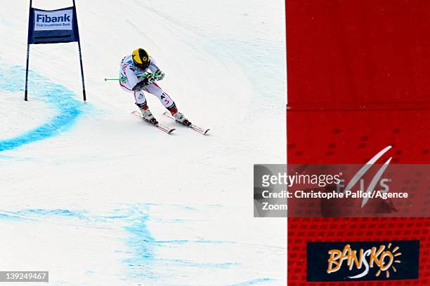Marcel Hirscher of Austria takes 1st place competes during the Audi FIS Alpine Ski World Cup Men's Giant Slalom on February 18, 2012 in Bansko,...
