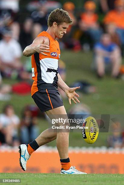 Luke Power of the Giants kicks during the NAB Cup AFL match between the Greater Western Sydney Giants and the Western Bulldogs at Blacktown...