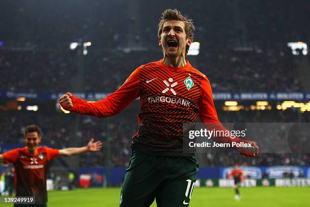Marko Marin of Bremen celebrates after scoring his team's first goal during the Bundesliga match between Hamburger SV and SV Werder Bremen at Imtech...