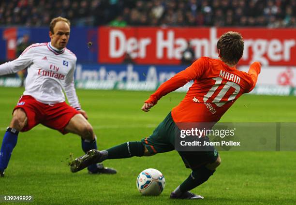 Marko Marin of Bremen scores his team's first goal during the Bundesliga match between Hamburger SV and SV Werder Bremen at Imtech Arena on February...