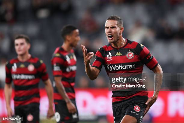 Jack Rodwell of the Wanderers reacts after being deemed offsideduring the A-League Mens match between Western Sydney Wanderers and Newcastle Jets at...