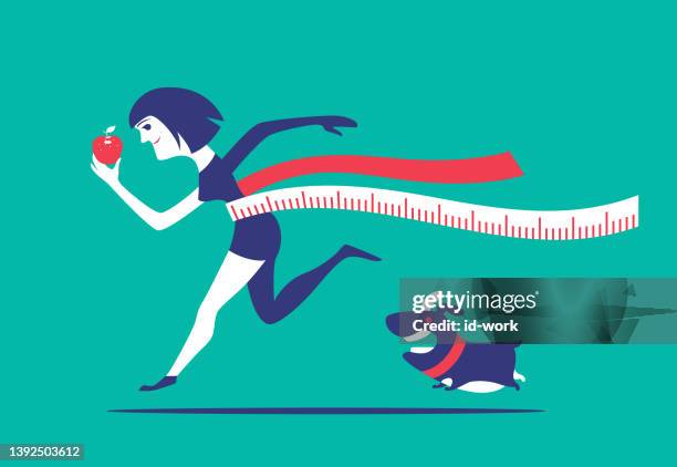 stockillustraties, clipart, cartoons en iconen met girl holding apple and running with fat dog - fat female cartoon characters
