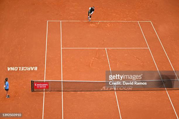 Frances Tiafoe of United States serves in their second round match against Hugo Dellien of Bolivia during Day Three of Barcelona Open Banc Sabadell...