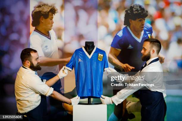 Sotheby’s New Bond Street exhibition of Diego Maradona’s Historic 1986 World Cup Match-Worn Shirt opens to the public at Sotheby's on April 20, 2022...