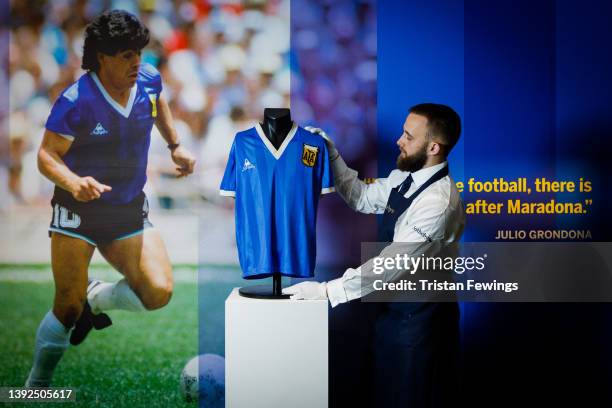 Sotheby’s New Bond Street exhibition of Diego Maradona’s Historic 1986 World Cup Match-Worn Shirt opens to the public at Sotheby's on April 20, 2022...