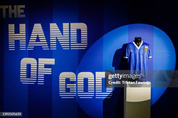 Sotheby’s New Bond Street exhibition of Diego Maradona’s Historic 1986 World Cup Match-Worn Shirt opens to the public at Sotheby's on April 20, 2022...