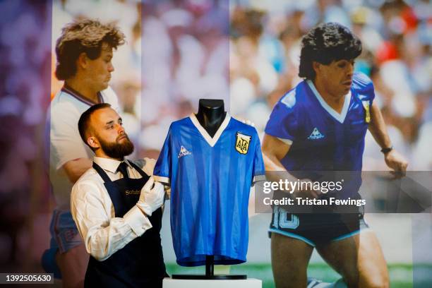 Sotheby’s New Bond Street exhibition of Diego Maradona’s Historic 1986 World Cup Match-Worn Shirt opens to the public at Sotheby's on April 20, 2022...