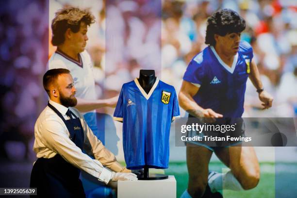 Sotheby’s New Bond Street exhibition of Diego Maradona’s Historic 1986 World Cup Match-Worn Shirt opens to the public at Sotheby's on April 20, 2022...