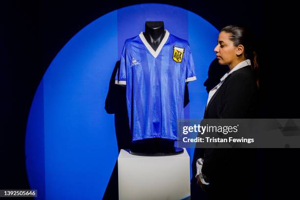 Sotheby’s New Bond Street exhibition of Diego Maradona’s Historic 1986 World Cup Match-Worn Shirt opens to the public at Sotheby's on April 20, 2022...