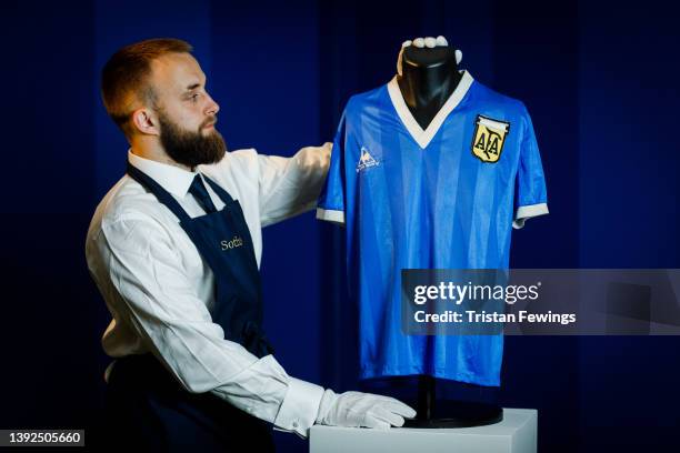 Sotheby’s New Bond Street exhibition of Diego Maradona’s Historic 1986 World Cup Match-Worn Shirt opens to the public at Sotheby's on April 20, 2022...