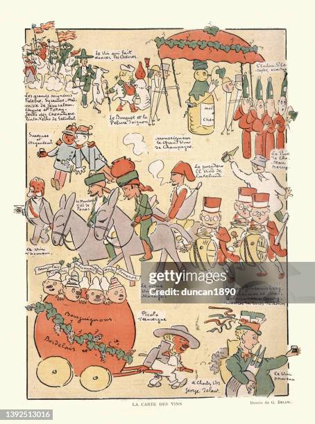 vintage french cartoon, la carte des vins, the wine list, georges delaw, victorian humour, 19th century - festival float stock illustrations